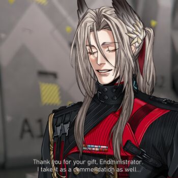 Rule 34 | 1boy, absurdres, arknights, arknights: endfield, black coat, blurry, blurry background, closed eyes, coat, english text, grin, hair between eyes, head wings, hellagur (arknights), highres, long hair, lyonya musor, male focus, pogranichnik (arknights), smile, solo, upper body, white hair, wings