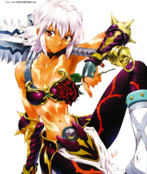 .hack// .hack//games 1girl armor black_rose_(.hack//) bra choker dark-skinned_female dark_skin female_focus flower gauntlets highres lingerie loincloth midriff pantyhose pink_hair red_eyes reference_work rose sadamoto_yoshiyuki sandals scan short_hair smile solo sword translated underwear weapon