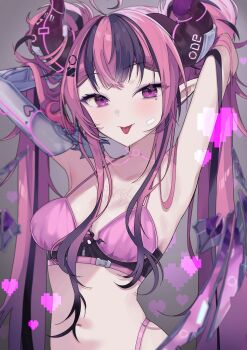 1girl arms_behind_head arms_up bra breasts commentary demon_girl demon_horns heart highres horns ironmouse ironmouse_outfit_art_contest long_hair looking_at_viewer may_nakasaki mechanical_arms medium_breasts mole mole_under_eye multicolored_hair pink_bra pink_hair pointy_ears purple_eyes purple_streaks solo streaked_hair tongue tongue_out twintails underwear very_long_hair virtual_youtuber vshojo