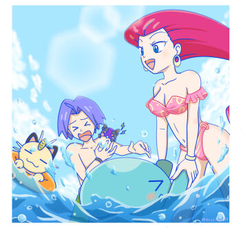 Rule 34 | 1girl, 2boys, beach, bikini, bitten, blue sky, buoy, closed eyes, earrings, gen 1 pokemon, gen 2 pokemon, gen 8 pokemon, highres, james (pokemon), jessie (pokemon), jewelry, lapis-lazzuli, meowth, morpeko, morpeko (hangry), multiple boys, nintendo, pokemon, pokemon (anime), pokemon (creature), sky, splashing, swimsuit, team rocket, water, waves, wobbuffet