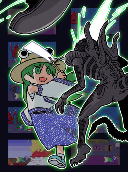 Rule 34 | 1girl, alien, alien (1979), alien (1979), alien (series), bad id, bad pixiv id, blood, crossover, decapitation, detached sleeves, empty eyes, female focus, gohei, hat, it conquered the world, kochiya sanae, namco, parody, pyonta, rodney (melagal), splatterhouse, touhou, xenomorph, zontar