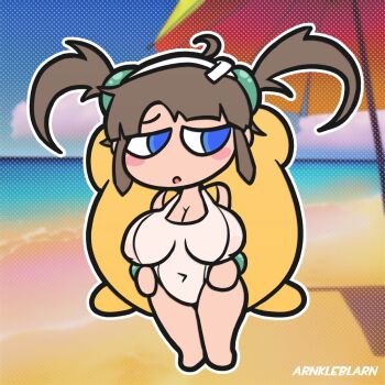 1girl ahoge arnkleblarn backpack bag barefoot beach beach_umbrella blue_eyes blush bracelet breasts brown_hair chibi cleavage cloud covered_erect_nipples embarrassed hair_ornament hairband jewelry large_breasts long_hair looking_to_the_side minori_(senran_kagura) ocean one-piece_swimsuit open_mouth sand see-through_clothes see-through_one-piece_swimsuit senran_kagura sky standing swimsuit twintails umbrella water white_one-piece_swimsuit