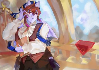 animal_ears astrohamk bat_boy bat_ears blue_hat book brown_hair brown_vest colored_sclera colored_skin dante_will dante_will_(bat) extra_eyes fingernails glasses hat highres holding holding_book indie_virtual_youtuber long_sleeves puffy_sleeves purple_skin red_sclera round_eyewear sharp_fingernails shirt vest virtual_youtuber white_shirt wings