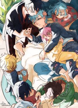 1girl 1other 5boys alien_stage black_hair black_shirt blanket blonde_hair brown_hair child commentary cup dark-skinned_male dark_skin english_commentary grey_hair highres holding holding_cup ivan_(alien_stage) jewelry kissing_head kuradrawings multiple_boys pajamas pants pink_hair plaid_clothes plaid_pants ring shirt signature till_(alien_stage) yaoi yellow_pajamas