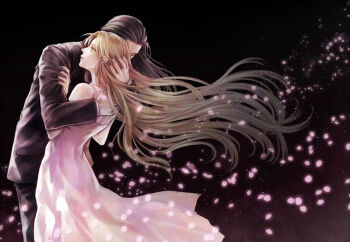 1boy 1girl aerith_gainsborough bare_shoulders bindi black_background black_hair black_jacket black_pants black_suit brown_hair closed_eyes cowboy_shot dress falling_petals final_fantasy final_fantasy_vii formal_clothes green_eyes hair_down hair_slicked_back hand_in_another's_hair hand_on_another's_arm hug jacket long_dress long_hair pants parted_bangs parted_lips petals pink_dress shirt sidelocks square_enix suit tetra_takamine tseng turks_(ff7) white_shirt