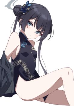 1girl absurdres arms_behind_back black_coat black_dress black_eyes black_hair blue_archive blush butterfly_hair_ornament china_dress chinese_clothes coat commentary_request covered_navel double_bun dragon_print dress flat_chest hair_bun hair_ornament halo highres jacket jacket_partially_removed kabocya_na kisaki_(blue_archive) legs long_hair long_sleeves looking_at_viewer side_slit simple_background sitting sleeveless sleeveless_dress solo thighs white_background