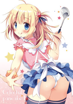 1girl :q ahoge angel_wings apron ass black_thighhighs blonde_hair blue_eyes blue_skirt blush commentary_request cowboy_shot from_behind gradient_background hair_ornament heart heart_hair_ornament holding ladle layered_skirt long_hair looking_at_viewer looking_back original pan_(mimi) panties pink_background pink_shirt polka_dot print_scrunchie scrunchie shirt short_sleeves skirt smile solo star_(symbol) star_print ten-chan_(pan_(mimi)) thighhighs tongue tongue_out two_side_up underwear white_background white_panties wings wrist_scrunchie