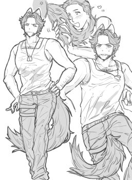 2boys anger_vein animal_ears animification belt blush chest_hair cigar closed_mouth deadpool dog_tags facial_hair heart highres holding holding_cigar looking_to_the_side male_focus marvel miyashishi1122 monochrome multiple_boys muscular muscular_male pants pectorals short_hair sweatdrop tail tail_grab tank_top teeth thigh_strap wolf_boy wolf_ears wolf_tail wolverine_(x-men) x-men x-men_film_series x-men_origins:_wolverine yaoi