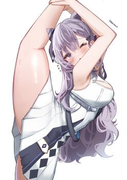 Rule 34 | 1girl, absurdres, cone hair bun, double bun, dress, flexible, grey hair, hair bun, highres, hololive, hololive indonesia, leg hold, leg lift, leg up, long hair, one eye closed, open mouth, rokusketch, solo, stretching, thick thighs, thighs, vestia zeta, vestia zeta (1st costume), virtual youtuber