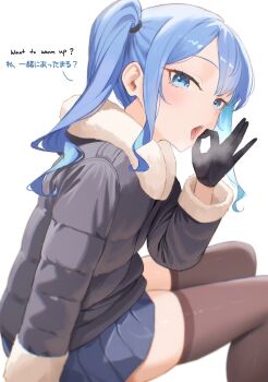 1girl absurdres black_gloves blue_eyes blue_hair breath diptip english_text fellatio_gesture fur-trimmed_jacket fur_trim gloves highres hololive hoshimachi_suisei jacket looking_at_viewer miniskirt mixed-language_text multilingual_text open_mouth side_ponytail simple_background sitting skirt solo star_(symbol) star_in_eye symbol_in_eye thighhighs thighs virtual_youtuber white_background zettai_ryouiki