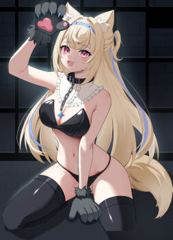 1girl absurdres animal_ears animal_hands belt_collar black_bra black_collar black_panties black_thighhighs blonde_hair blue_hair bra breasts cleavage collar dog_ears dog_girl dog_paws dog_tail fuwawa_abyssgard highres hololive hololive_english large_breasts long_hair looking_at_viewer minase03mio multicolored_hair open_mouth panties pink_eyes smile solo streaked_hair tail thighhighs two-tone_hair two_side_up underwear very_long_hair virtual_youtuber