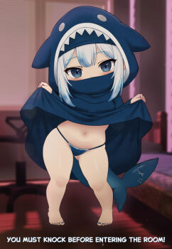 1girl alternate_costume animal_hood bikini blue_eyes blue_hoodie blue_streaks blush coinflower curvy fins fish_tail gawr_gura highres hololive hololive_english hood hoodie legs looking_at_viewer multicolored_hair navel niqab panties shark_girl shark_hood shark_tail solo stomach swimsuit tail thighs thong thong_bikini underwear virtual_youtuber white_hair