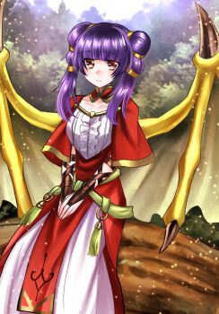 1girl blunt_bangs bo_(774berry) center_frills closed_mouth commentary_request dragon_girl dragon_wings dress fire_emblem fire_emblem:_the_sacred_stones frills highres looking_at_viewer myrrh_(fire_emblem) nintendo own_hands_together purple_hair red_dress red_eyes smile solo twintails two-tone_dress white_dress wings