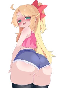 1girl :3 ahoge aqua_eyes ass black_thighhighs blonde_hair blush cum cumdrip female_focus from_behind hair_ribbon highres himesaka_noa huge_ass kukuchi581 loli long_hair looking_at_viewer looking_back ponytail ribbon shorts solo standing tank_top thick_thighs thighhighs thighs watashi_ni_tenshi_ga_maiorita!