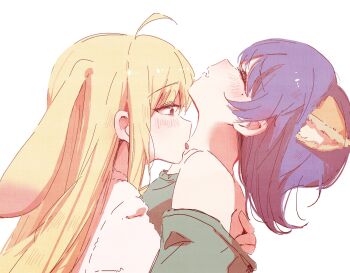 2girls ahoge animal_ears blonde_hair blue_hair blush brown_eyes cho_kaguya-hime! closed_eyes commentary hashtag-only_commentary highres hug kaguya_(cho_kaguya-hime!) licking licking_another's_neck long_hair multiple_girls open_mouth rabbit_ears rabbit_girl sakayori_iroha sangdingting short_hair sidelocks upper_body yuri
