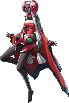 1girl artist_request barefoot black_skin blue_sclera breasts colored_sclera colored_skin demon_(megami_tensei) hair_ornament hair_tie highres kikuri-hime_(megami_tensei) official_art persona persona_5 persona_5:_the_phantom_x shin_megami_tensei solo third-party_source transparent_background two-tone_lipstick white_eyes white_hair