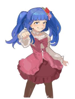 1girl blue_eyes blue_hair bow brown_pantyhose commentary cropped_legs dress english_commentary furudo_erika highres long_sleeves mirumiruchan pantyhose pink_bow pink_dress pointing pointing_at_viewer simple_background sketch smile solo teeth twintails umineko_no_naku_koro_ni white_background