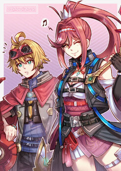 1girl aegis_sword_(xenoblade) ahoge bare_shoulders blonde_hair breasts chest_jewel cleavage core_crystal_(xenoblade) cosplay costume_switch criss-cross_halter glimmer_(xenoblade) gloves green_eyes gzei halterneck high_ponytail highres japanese_clothes kimono large_breasts long_hair monado_rex nikol_(xenoblade) obi ponytail red_hair rex_(xenoblade) rex_(xenoblade)_(cosplay) sash short_hair shulk_(xenoblade) shulk_(xenoblade)_(cosplay) swept_bangs white_kimono wide_sleeves xenoblade_chronicles_(series) xenoblade_chronicles_3 xenoblade_chronicles_3:_future_redeemed