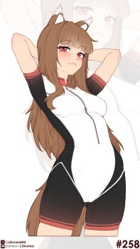 Rule 34 | 1girl, absurdres, alternate costume, animal ear fluff, animal ears, arms behind head, blunt bangs, blush, breasts, brown hair, closed mouth, commentary, cycling uniform, english commentary, fang, highres, holo, likunea, long hair, looking at viewer, medium breasts, patreon logo, patreon username, red eyes, sidelocks, simple background, small breasts, solo, solo focus, spice and wolf, tail, thighs, twitter username, twitter x logo, white background, wolf ears, wolf girl, wolf tail, zoom layer