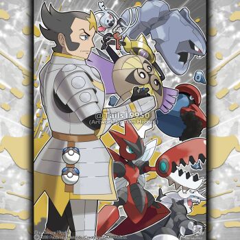 Rule 34 | 1boy, aegislash, aggron, aqua eyes, armor, artist name, black gloves, blue eyes, bright pupils, closed mouth, commentary, company name, copyright notice, english commentary, eyelashes, from side, gen 2 pokemon, gen 3 pokemon, gen 4 pokemon, gen 6 pokemon, gloves, grey hair, heavy ball, highres, holding, holding poke ball, holding shield, horns, insect wings, instagram username, key, klefki, male focus, mega pokemon, mega scizor, merchandise available, nintendo, official style, one-eyed, open mouth, outline, poke ball, pokemon, pokemon (creature), pokemon xy, probopass, scizor, shield, short hair, steelix, teeth, tom higgins, v-shaped eyes, waist poke ball, watermark, white outline, white pupils, wikstrom (pokemon), wings