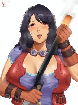 1girl black_hair blush breasts cleavage commentary commission dark-skinned_female dark_skin english_commentary gloves goggles goggles_around_neck gun highres holding holding_gun holding_weapon large_breasts long_hair magdalenus27 open_mouth orange_gloves red_eyes red_vest sharla_(xenoblade) solo upper_body vest weapon xenoblade_chronicles_(series) xenoblade_chronicles_1