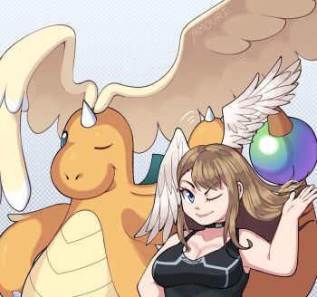 1girl 1other blue_eyes breasts brown_hair company_connection dragonite eunie_(xenoblade) feathered_wings gen_1_pokemon hair_flip head_wings highres horns large_breasts long_hair looking_at_viewer mega_dragonite mega_pokemon nintendo one_eye_closed pokemon pokemon_(creature) single_horn smile trait_connection upper_body wings xenoblade_chronicles_(series) xenoblade_chronicles_3 yamouri