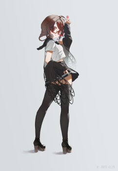 1girl absurdres ahoge black_jacket black_sailor_collar black_shoes black_skirt black_thighhighs breasts brown_hair candy closed_mouth commentary_request dated dead_mount_death_play eyes_visible_through_hair floating_clothes floating_hair food from_behind full_body glasses grey_background hand_on_own_hip hand_up high_heels highres holding holding_candy holding_food holding_lollipop jacket jacket_partially_removed kuon_iki lollipop long_hair long_sleeves looking_at_viewer looking_back looking_over_eyewear low_twintails medium_breasts midriff_peek miniskirt multicolored_hair open_clothes open_jacket orange_eyes parted_bangs partial_commentary pleated_skirt red-framed_eyewear ringed_eyes sailor_collar sakimiya_misaki school_uniform serafuku shirt shoes short_sleeves sidelocks simple_background skirt sleeves_past_wrists smile solo standing streaked_hair thighhighs turning_head twintails twisted_torso white_shirt