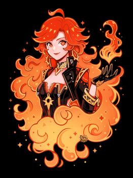 1girl ahoge biker_clothes bikesuit black_background black_bodysuit black_gloves blonde_hair bodysuit breasts cleavage closed_mouth commentary drawselby earrings fire genshin_impact gloves hand_up highres jewelry light_smile mavuika_(genshin_impact) multicolored_hair pyrokinesis red_eyes red_hair simple_background solo symbol-shaped_pupils