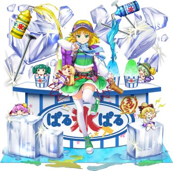 &gt;_&lt; 6+girls :&lt; alternate_costume alternate_size arm_warmers backpack bag belt belt_pouch between_fingers blonde_hair blue_scarf bow brown_bow cheerleader closed_mouth cuffs cup eyeball food full_body game_cg green_eyes green_hair green_hat green_shirt green_shoes green_skirt hair_bow hat hat_ribbon heart highres holding holding_mallet holding_spoon horns hoshiguma_yuugi ice ice_block in_container kisume komeiji_koishi komeiji_satori kurodani_yamame leg_up long_hair looking_at_viewer mallet midriff mini_person minigirl mizuhashi_parsee mizuhashi_parsee_(jealousy-driven_cheering_spirit) multicolored_shirt multiple_girls nail_(hardware) navel official_art oni open_mouth pink_eyes pink_hair pointy_ears pouch purple_shirt red_horns ribbon rotte_(1109) sakazuki scarf shackles shaved_ice shirt shoes short_hair siblings single_horn sisters skirt sleeveless sleeveless_shirt smile solo_focus sparkle spoon tank_top thighhighs third-party_source third_eye touhou touhou_lostword translation_request transparent_background two-tone_skirt two_side_up visor_cap white_skirt white_thighhighs yellow_ribbon