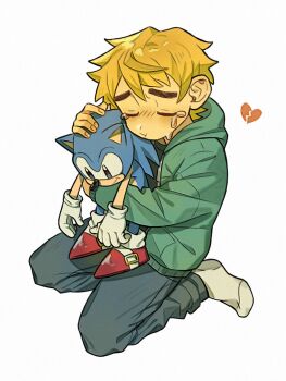 1boy black_shirt blonde_hair broken_heart character_doll chinese_commentary closed_eyes commentary_request crying denim doll green_jacket heart highres holding holding_stuffed_toy jacket jeans male_focus open_clothes open_jacket pants scott_pilgrim scott_pilgrim_(series) shirt short_hair simple_background socks solo sonic_(series) sonic_the_hedgehog stuffed_toy tears white_background white_socks xxyang4747