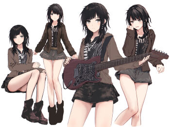 1girl black_hair black_shirt black_skirt blush brown_jacket closed_mouth commentary_request cowboy_shot electric_guitar feet_out_of_frame full_body guitar highres holding holding_plectrum hood hood_down hooded_jacket instrument invisible_chair jacket light_frown long_hair long_sleeves miniskirt multiple_views open_clothes open_jacket open_mouth orange_panties original panties pantyshot plectrum shirt simple_background sitting skirt standing underwear upskirt white_background yukitake_(xuserpost)