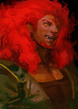 1boy animal_ears beard black_background commentary_request dark-skinned_male dark_skin facial_hair fire_emblem fire_emblem:_radiant_dawn long_hair male_focus nintendo picnicic red_hair skrimir_(fire_emblem) solo twitter_username yellow_eyes