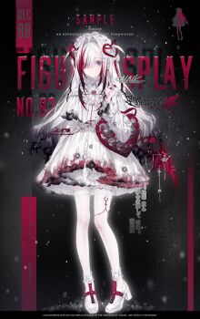 Rule 34 | 1girl, absurdres, black hair, black nails, blue eyes, bow, burnt clothes, character badge, commission, dress, english text, eyes visible through hair, full body, gradient hair, hair intakes, hair over one eye, hairband, hand up, heart, heart-shaped bag, heart-shaped hair, high heels, highres, lolita fashion, lolita hairband, long hair, long sleeves, looking at viewer, multicolored hair, nnk (nongnong), original, oshikatsu, red bag, red hair, sample watermark, see-through clothes, see-through thighhighs, shoes, sidelocks, solo, standing, thigh strap, thighhighs, two side up, watermark, white bow, white dress, white hair, white shoes, white thighhighs