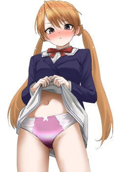 1girl :&lt; blue_jacket blush bow bow_panties bowtie breasts brown_eyes brown_hair clothes_lift crotch_seam jacket long_hair long_sleeves looking_at_viewer low_twintails navel panties pink_panties red_bow red_bowtie sakuya_(sister_princess) school_uniform shirt sister_princess skirt skirt_lift small_breasts standing tama_(tamago) twintails underwear white_background white_bow white_shirt white_skirt