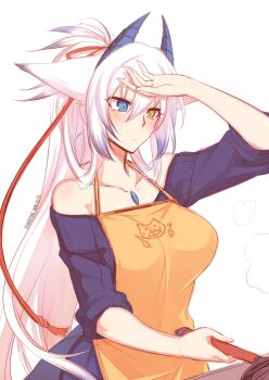 Rule 34 | 1girl, animal ears, apron, artist name, bare shoulders, blue eyes, breasts, collarbone, cooking, dated, dragon horns, dragon tail, fox ears, frying pan, heterochromia, horns, konshin, large breasts, long hair, orange eyes, orie hakua, pixiv fantasia, pixiv fantasia new world, ponytail, signature, sleeves rolled up, solo, sweater, tail, very long hair, white background, white hair, wiping forehead