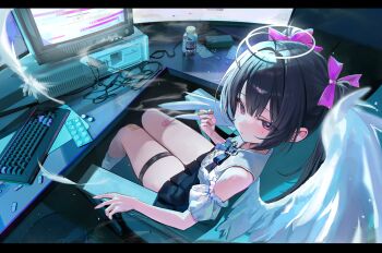 1girl absurdres ahoge angel angel_wings bandaid bandaid_on_leg black_hair black_skirt blush bow chair cigarette commentary computer computer_keyboard crt english_commentary feathered_wings feathers gauze_on_knee hair_bow halo highres holding holding_cigarette jewelry leg_warmers letterboxed looking_at_viewer mole mole_under_eye monitor on_chair original parted_lips pill pill_bottle pink_bow riko_(rik0ring) shirt sitting skirt smoke smoking solo sparkle thigh_strap white_leg_warmers white_shirt wings