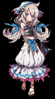 1girl ahoge arms_behind_back bag black_background black_shirt blue_eyes breasts brown_sandals closed_mouth facepaint full_body grey_hair hair_between_eyes headscarf highres holding holding_knife kifala_(merc_storia) knife low_twintails medium_breasts merc_storia merc_storia_art_team navel official_art pants pelvic_curtain sandals shirt sidelocks simple_background sleeveless sleeveless_shirt smile solo standing tachi-e twintails white_pants