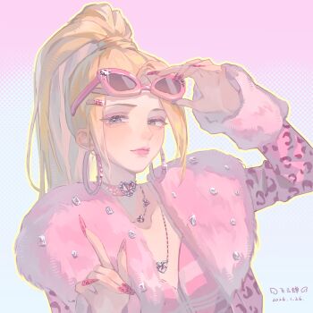 Rule 34 | 1girl, adjusting eyewear, animal print, blonde hair, blue background, blue eyes, chinese commentary, choker, commentary request, dated, diamond (gemstone), earrings, expressionless, eyelashes, eyeshadow, feiyunchan, fur-trimmed jacket, fur-trimmed sleeves, fur trim, gradient background, hair ornament, hairclip, halftone, halftone background, heart, heart choker, heart necklace, high ponytail, highres, hoop earrings, infinity nikki, jacket, jewelry, leopard print, lipstick, long hair, long sleeves, makeup, nail art, nail polish, necklace, nikki (series), open clothes, open jacket, outline, parallel hairclips, pink-framed eyewear, pink background, pink choker, pink eyeshadow, pink jacket, pink lips, pink nails, pink shirt, pink theme, pointing, ponytail, print jacket, shirt, signature, solo, spotlight pink (infinity nikki), sunglasses, two-tone background, upper body, very long hair, yellow outline