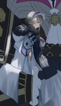 1girl 1other automaton_(object) blue_eyes braid breasts closed_mouth coat dress fatui_coat fur-trimmed_coat fur_trim genshin_impact gloves grey_hair hairband highres hood hood_down hooded_coat large_breasts lolita_hairband long_sleeves megumui_9 own_hands_together profile pulonia_(genshin_impact) sandrone_(genshin_impact) short_hair_with_long_locks sitting white_gloves