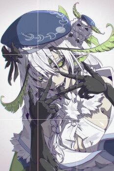 1girl absurdres antennae armpit_crease arthropod_girl beret black_sclera black_tongue blue_hat blue_jacket braid breasts chitin cleavage colored_sclera double_w fur_trim green_eyes hat highres indie_virtual_youtuber insect_girl jacket juniper_(artist) juniper_actias juniper_actias_(admiral) juniper_actias_(baby_form) looking_at_viewer moth_antennae moth_girl off_shoulder pointy_ears sharp_teeth single_braid teeth tongue tongue_out virtual_youtuber w white_hair