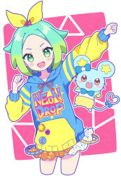 Rule 34 | 1girl, :d, arm up, bad id, bad twitter id, blue bow, blue hair, blue hoodie, bow, chuppe, clothes writing, commentary request, cowboy shot, cropped legs, drawstring, fang, gradient hair, green eyes, green hair, hair bow, hand up, highres, hood, hood down, hoodie, idol time pripara, long sleeves, looking at viewer, miniskirt, mouse (animal), multicolored hair, nekomachi nao, nijiiro nino, open mouth, outstretched arm, pretty series, pripara, short hair, skirt, smile, standing, yellow bow
