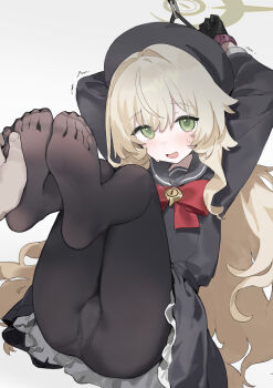 1boy 1girl arms_up black_gloves black_hat black_pantyhose black_shirt black_skirt blonde_hair blue_archive blush bound bound_wrists bow bowtie commentary_request feet gloves green_eyes green_halo hair_intakes halo hat highres loli long_hair long_sleeves looking_at_viewer open_mouth panties panties_under_pantyhose pantyhose professor_niyaniya_(blue_archive) red_bow red_bowtie see-through_pantyhose sh_(shinh) shirt simple_background skirt sweat tickling tickling_feet underwear white_background