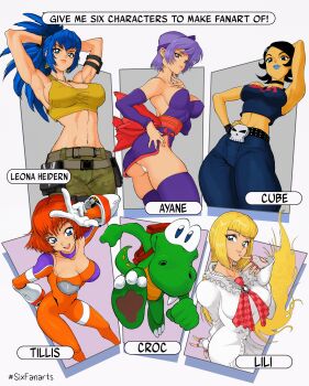 Rule 34 | 1boy, 5girls, absurdres, armpits, ass, ayane (doa), backpack, bag, bare shoulders, blonde hair, blue eyes, bodysuit, breasts, burning rangers, cleavage, commentary, croc: legend of the gobbos, croc (character), crop top, crossover, cube (jsr), dead or alive, emilie de rochefort, english commentary, fingerless gloves, gloves, highres, jet set radio, large breasts, leona heidern, long hair, multiple drawing challenge, multiple girls, pants, purple hair, short hair, six fanarts challenge, sleeveless, system st91, tekken, the king of fighters, tillis