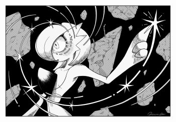 1girl arm_up artist_name black_background bob_cut border collarbone cucumber_(wanton9cum) female_focus flat_chest floating floating_object gardevoir gen_3_pokemon glowing glowing_eyes greyscale hair_over_one_eye highres index_finger_raised looking_afar monochrome nintendo one_eye_covered open_mouth pokemon pokemon_(creature) rebar rubble short_hair signature solo standing telekinesis upper_body white_border wide-eyed