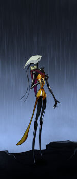 1girl absurdres antennae arthropod_girl closed_eyes commentary_request facing_up full_body highres hollow_knight hollow_knight:_silksong joints korean_commentary map_(object) missing_sil7532 outdoors rain shakra_(hollow_knight) solo standing