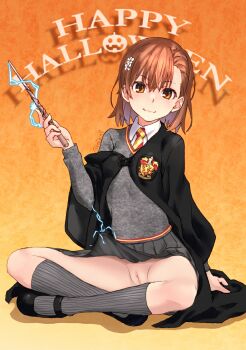 1girl black_cape black_robe black_shoes black_skirt black_socks blouse blush breasts brown_eyes brown_hair cape cleft_of_venus clitoris closed_mouth clothes_lift collared_shirt cosplay crossed_legs diagonal-striped_neckwear electricity electrokinesis female_focus flower full_body grey_skirt grey_socks grey_sweater gryffindor hair_between_eyes hair_flower hair_ornament halloween happy_halloween harry_potter_(series) hogwarts_school_uniform holding holding_wand indian_style kneehighs lifting_own_clothes light_blush loli long_sleeves looking_at_viewer magic misaka_mikoto necktie no_panties nude_filter off_shoulder open_clothes open_robe orange_background pleated_skirt psychic pussy raika9 ribbed_legwear robe school_uniform shirt shoes short_hair sitting skirt skirt_lift small_breasts smile socks solo striped_necktie striped_neckwear sweater sweater_vest third-party_edit toaru_kagaku_no_railgun toaru_majutsu_no_index twitter_username uncensored wand white_flower white_shirt wizarding_world