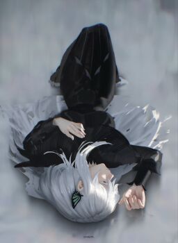 1girl black_capelet black_dress bug butterfly butterfly_hair_ornament capelet colored_eyelashes commentary crisslioo dress echidna_(re:zero) green_butterfly hair_ornament highres insect re:zero_kara_hajimeru_isekai_seikatsu solo striped_clothes striped_dress vertical-striped_clothes vertical-striped_dress white_eyelashes white_hair