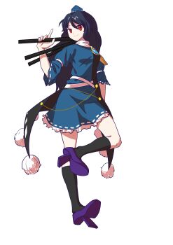 Rule 34 | 1girl, absurdres, armor, black socks, blue dress, blue hair, blue hat, chinese commentary, closed mouth, coat, commentary request, dress, frilled dress, frills, geta, hat, highres, holding, holding tripod, iizunamaru megumu, jian wei xiao shi pian, kneehighs, long hair, long sleeves, pauldrons, pom pom (clothes), purple shoes, red eyes, ribbon-trimmed dress, ribbon trim, shoes, shoulder armor, shoulder guard, simple background, single pauldron, sleeveless, sleeveless coat, smile, socks, solo, tengu-geta, tokin hat, touhou, tripod, white background