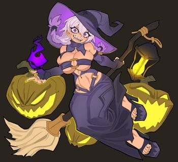 1girl bare_shoulders breasts broom brown_background commentary double-parted_bangs dress elbow_gloves english_commentary fingerless_gloves fire full_body gloves hair_between_eyes hat high_heel_sandals high_heels highres holding holding_broom jack-o'-lantern lantern large_breasts long_hair looking_at_viewer navel nezo o-ring open_mouth original pumpkin purple_dress purple_eyes purple_fire purple_gloves purple_hair purple_hat purple_sandals sandals sharp_teeth simple_background smile solo teeth toes twintails witch witch_hat