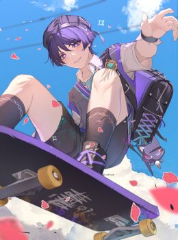 1boy absurdres aqua_necktie bag black_bag black_hat black_shorts blue_sky blunt_ends genshin_impact grey_vest hashtag-only_commentary hat highres lion_2929 male_focus necktie purple_eyes purple_hair scaramouche_(cat)_(genshin_impact) scaramouche_(genshin_impact) shirt short_hair shorts shoulder_bag skateboard sky solo upper_body vest wanderer_(genshin_impact) wanderer_(mega_mgc_coffee)_(genshin_impact) white_shirt